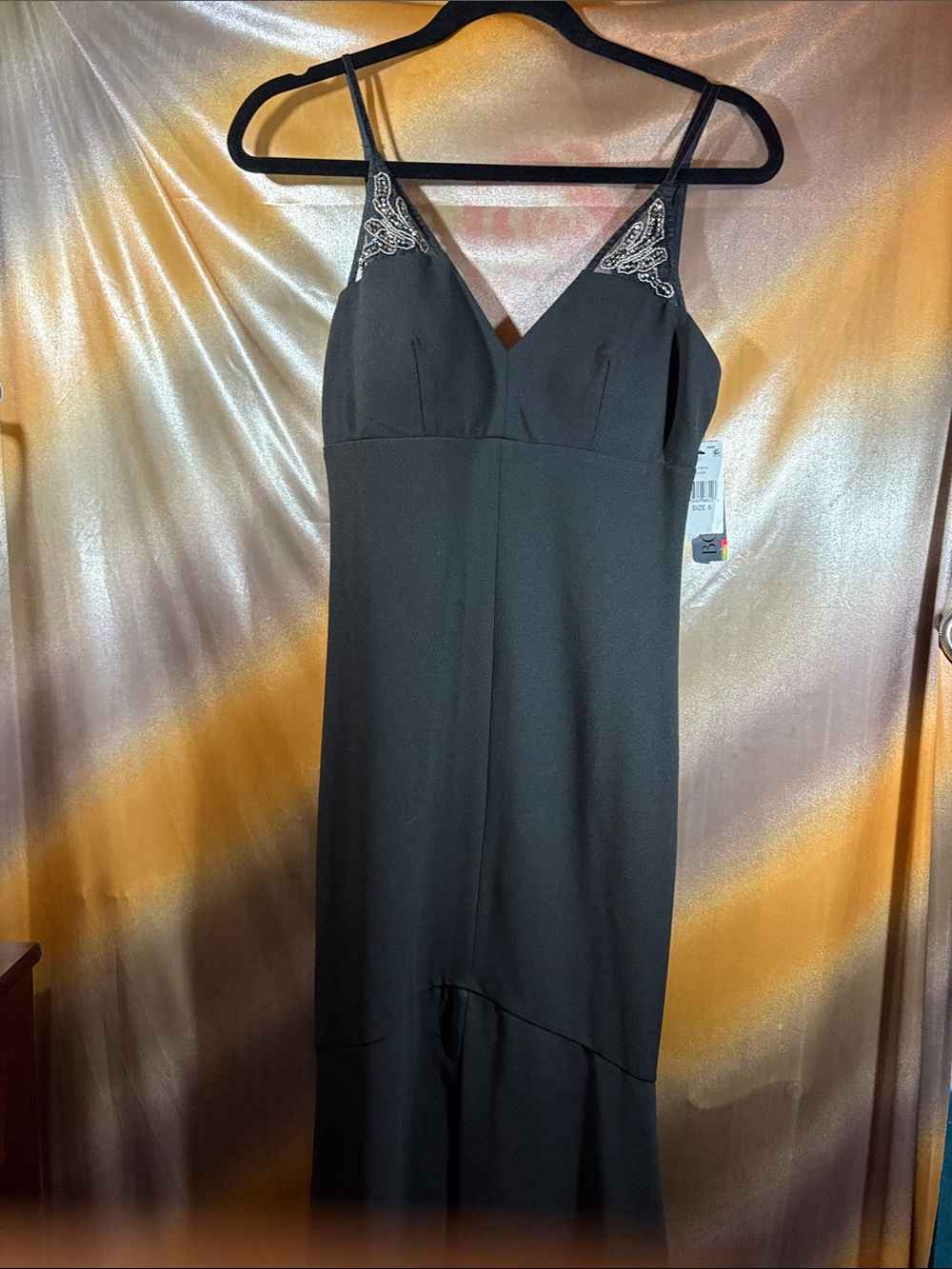 BCX size 5 Black Spaghetti-Strap Evening Dress with Embroidered Accents. F3